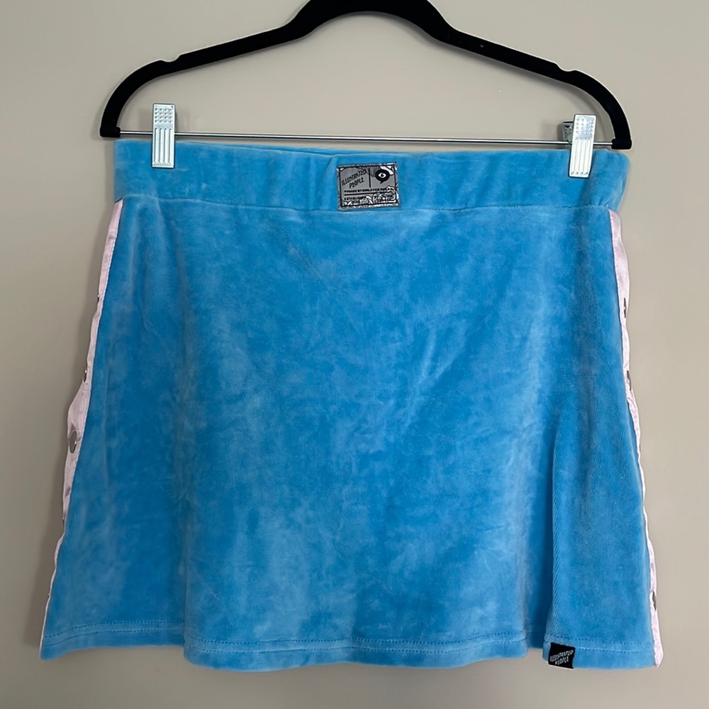 Illustrated People Blue Velour Miniskirt Y2K Pink Satin Snap Off Sides